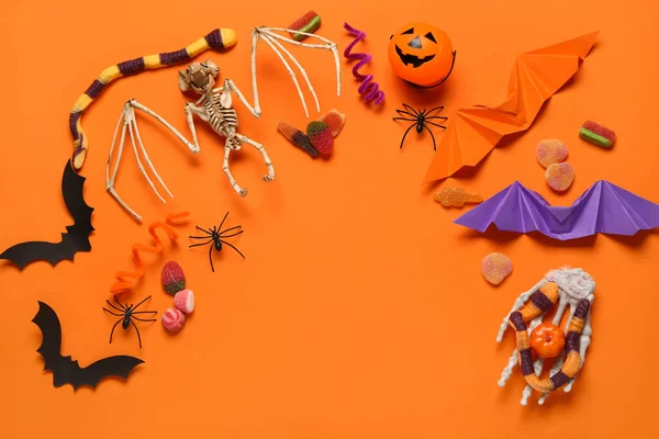 Composition Different Halloween Decorations Sweet Candies Color Background — Stock Photo, Image