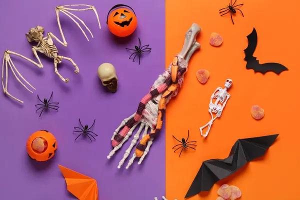 Composition Halloween Decorations Candies Color Background — Stock Photo, Image
