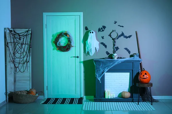 Interior Hall Decorated Halloween Door Mantelpiece — Stock Photo, Image
