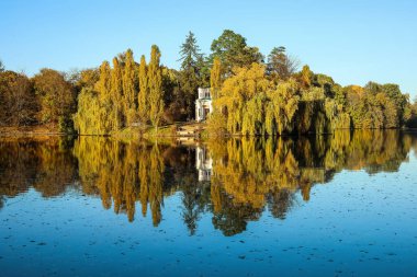 Güzel göl manzarası ve sonbahar günü sarı ağaçlar.