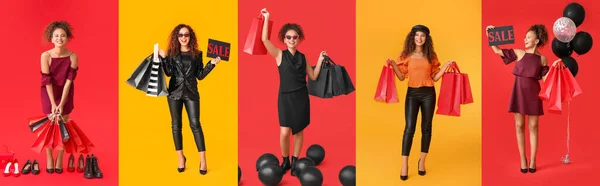 Collage Stylish Young Woman Purchases Red Yellow Backgrounds Black Friday — Stock Photo, Image