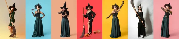 Set Women Dressed Witches Halloween Party Color Background — Stock Photo, Image