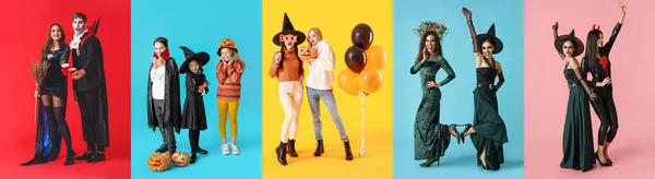 Set People Dressed Halloween Party Color Background — Stock Photo, Image