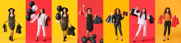 Collage Mujeres Jóvenes Con Estilo Con Compras Fondos Rojos Amarillos —  Fotos de Stock