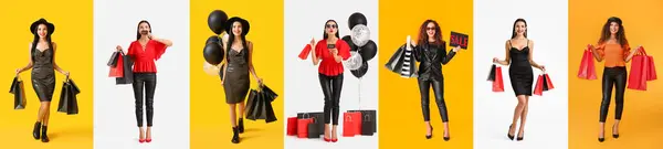 Collage Stilvoller Junger Frauen Mit Einkäufen Auf Hell Und Gelbem — Stockfoto