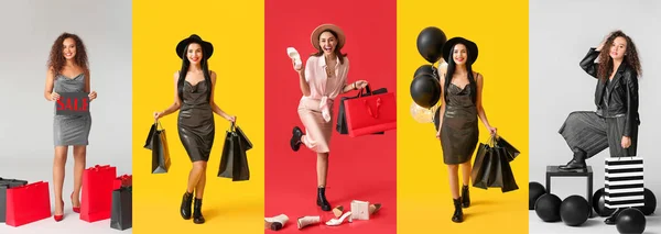 Collage Giovani Donne Alla Moda Con Acquisti Sfondo Colori Venerdì — Foto Stock