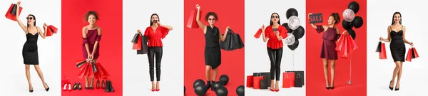 Collage Stylish Young Women Purchases Light Red Backgrounds Black Friday — Stock Photo, Image