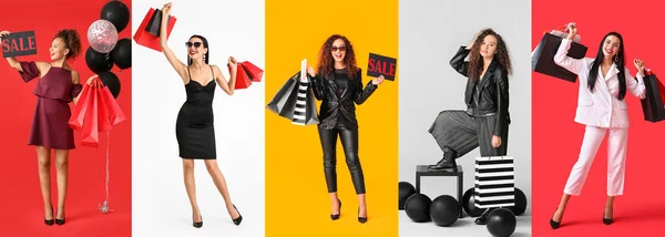 Collage Stylish Young Women Purchases Color Background Black Friday — Stock Photo, Image