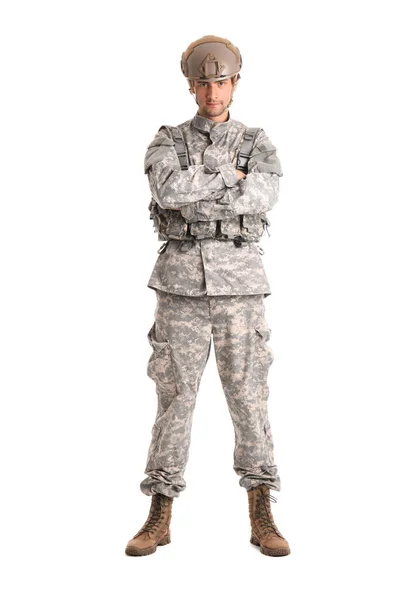 Jonge Mannelijke Soldaat Volle Uitrusting Geïsoleerd Witte Achtergrond — Stockfoto