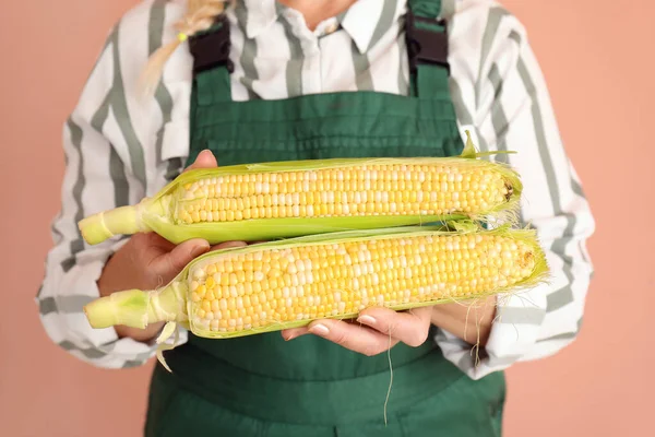 Mature Female Farmer Ripe Corn Cobs Orange Background — Stock Photo, Image