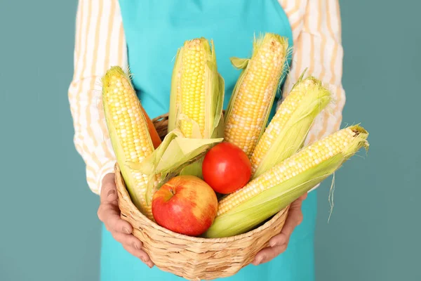 Mature Female Farmer Wicker Basket Full Different Ripe Vegetables Blue — Stock Photo, Image