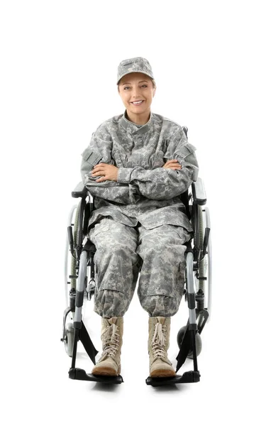 Soldado Feminino Cadeira Rodas Fundo Branco — Fotografia de Stock
