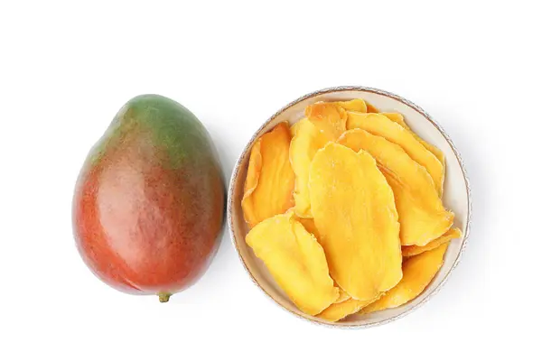 Bowl Slices Tasty Dried Mango Ripe Fruit White Background — Stock Photo, Image