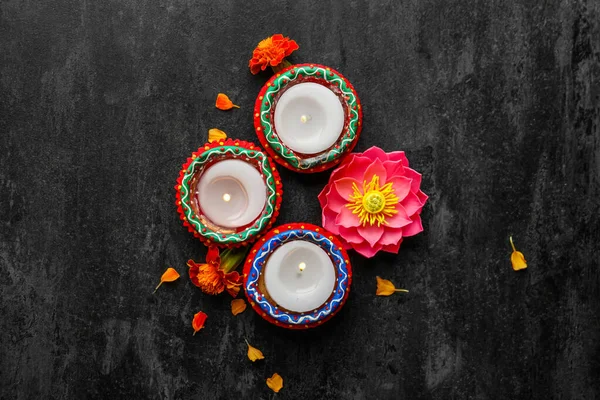 Candles Lotus Marigold Flowers Grunge Black Background Divaly Celebration — Stock Photo, Image