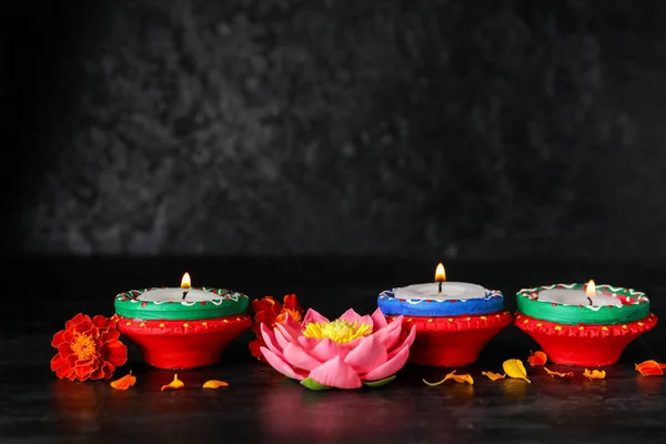 Candles Lotus Marigold Flowers Grunge Black Background Divaly Celebration — Stock Photo, Image