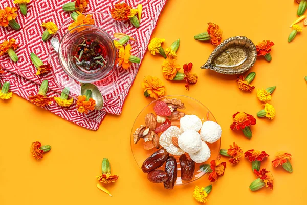 Diya Lamp Marigold Flowers Tea Plate Treats Orange Background Divaly — Stock Photo, Image
