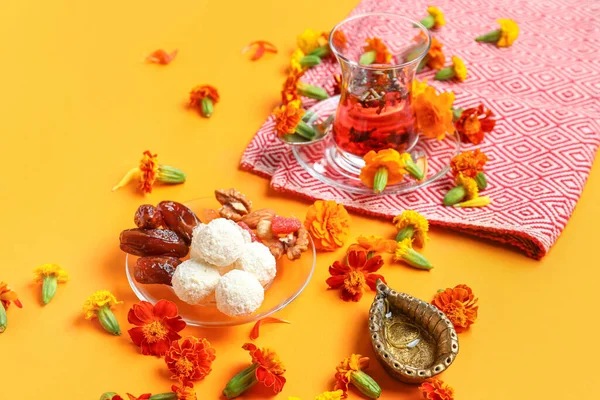 Diya Lamp Marigold Flowers Tea Plate Treats Orange Background Divaly — Stock Photo, Image