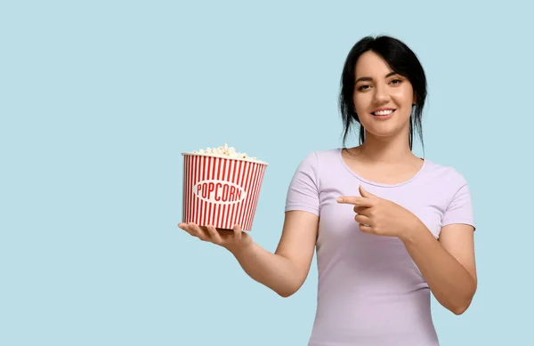 Happy Young Woman Bucket Popcorn Blue Background — Stock Photo, Image