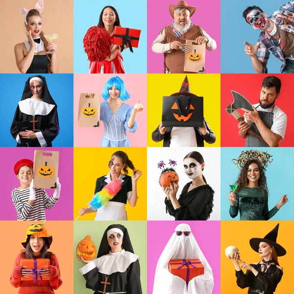 Большой Коллаж Разных Людей Одетых Хэллоуина Партии Цветном Фоне — стоковое фото