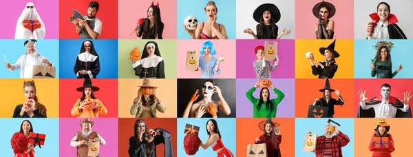 Duży Kolaż Różnych Ludzi Ubranych Imprezę Halloween Tle Koloru — Zdjęcie stockowe
