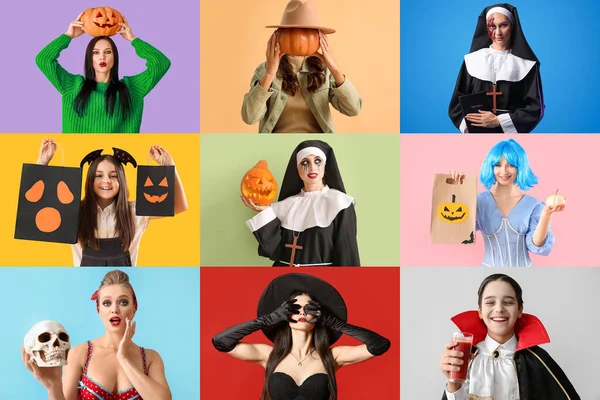 Κολάζ Των Διαφόρων Ανθρώπων Ντυμένοι Για Halloween Κόμμα Στο Φόντο — Φωτογραφία Αρχείου