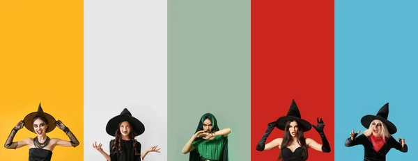 Collage Brujas Aterradoras Sobre Fondo Color — Foto de Stock
