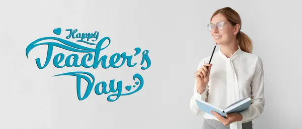 stock image Female teacher with book on light background. Banner for Teacher's Day