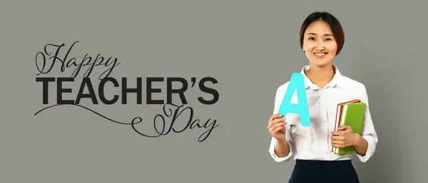 Female Asian Teacher Grey Background Banner Teacher Day — Stock Photo, Image