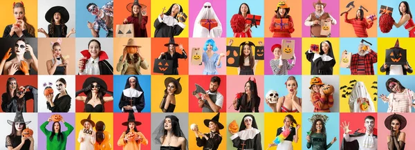 Big Collage Different People Dressed Halloween Party Color Background — Stock Photo, Image