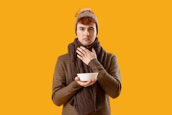 Ill Young Man Soup Yellow Background — Stock Photo, Image