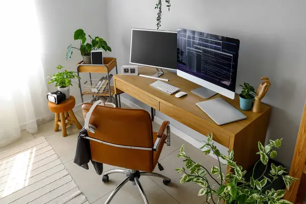 프로그래머의 작업장과 식물과 가벼운 사무실의 인테리어 — 스톡 사진