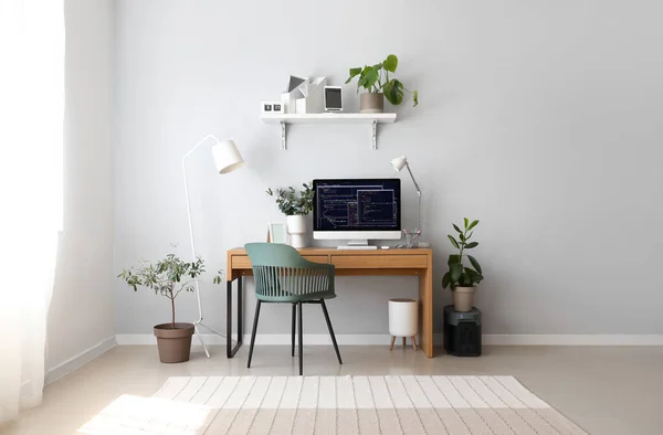 Interior Light Office Programmer Workplace Shelf Houseplants — Stock Photo, Image