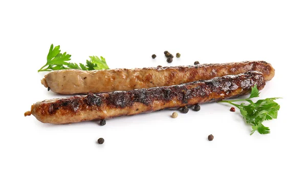 Tasty Grilled Sausages Parsley Peppercorn White Background — Stock Photo, Image