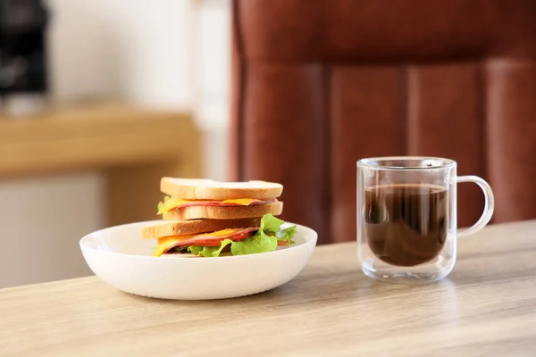 Plate Tasty Sandwiches Cup Coffee Wooden Table Office Closeup — Stock Photo, Image