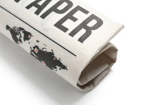 Rolled Newspaper Isolated White Background Closeup — Stock Photo, Image