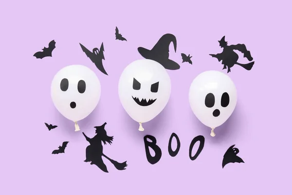 Слово Boo Забавными Белыми Воздушными Шариками Хэллоуин Праздничными Украшениями Лиловом — стоковое фото