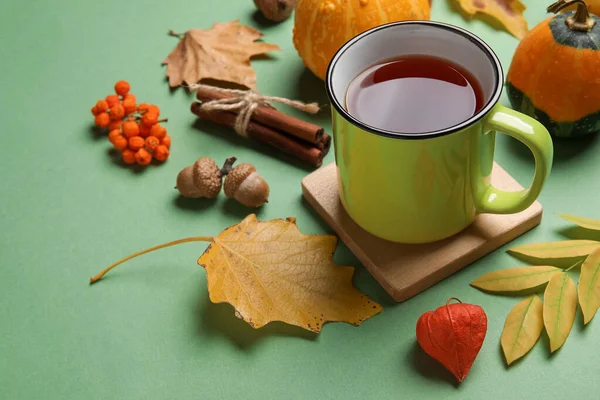 Composition Cup Tea Natural Forest Decor Color Background Closeup — Stock Photo, Image