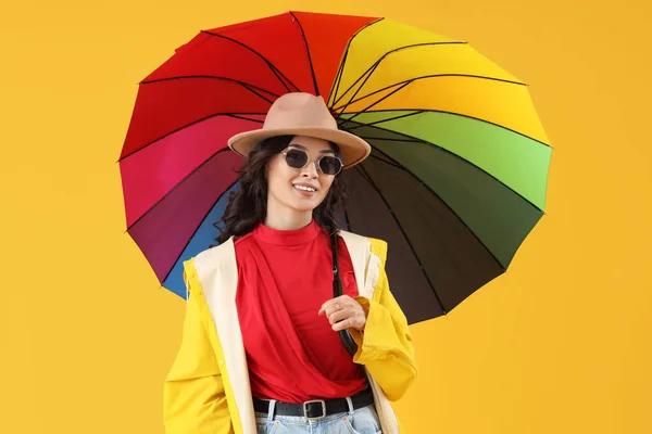 Stylish Young Asian Woman Fall Clothes Umbrella Yellow Background — Stock Photo, Image