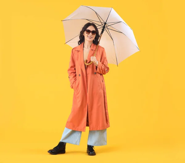 Stylish Young Asian Woman Fall Clothes Umbrella Yellow Background — Stock Photo, Image