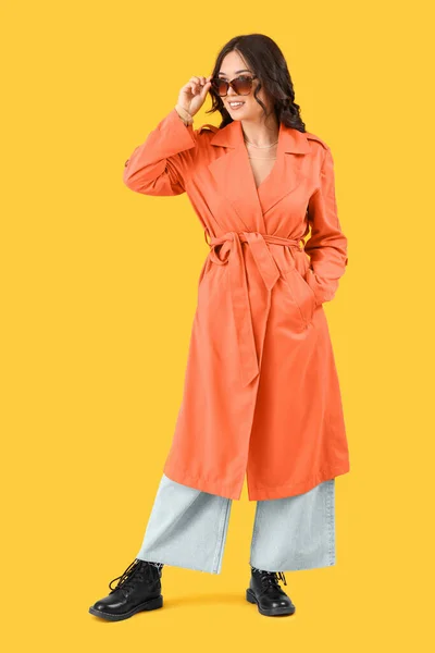 Stylish Young Asian Woman Fall Clothes Yellow Background — Stock Photo, Image