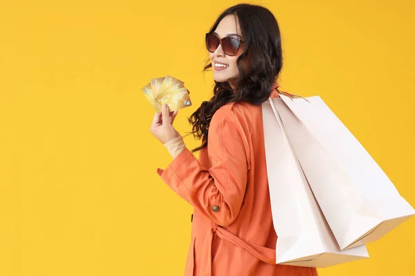 Young Asian Woman Credit Cards Shopping Bags Yellow Background — Stock Photo, Image
