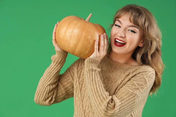 Stylish Young Woman Pumpkin Green Background — Stock Photo, Image