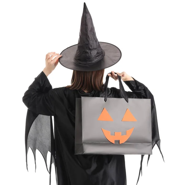 Young Woman Dressed Halloween Witch Gift Bag White Background Back Stock Photo