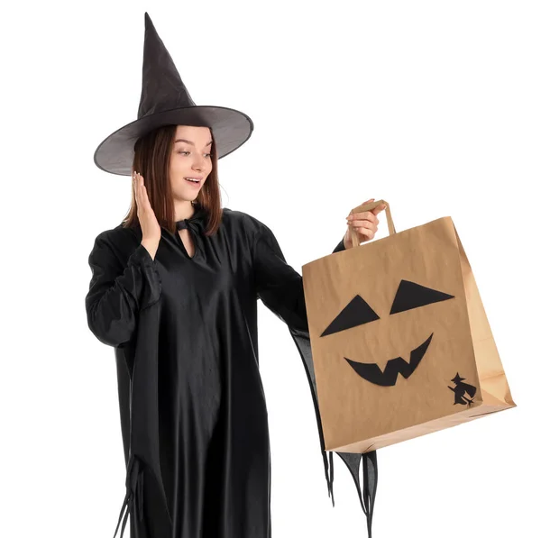 Young Woman Dressed Halloween Witch Gift Bag White Background Stock Photo