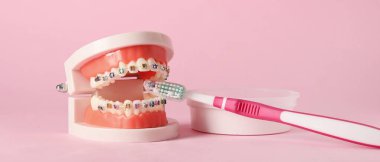 Diş telleri, diş fırçası ve pembe arka planda pudra ile plastik çene