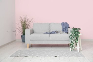 Pembe duvarın yanındaki küçük masada rahat gri kanepe ve çiçek var.