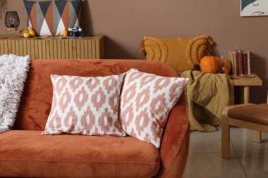 Oturma odasında şık yastıkları olan kırmızı kanepe.