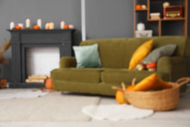 Kabaklı, dekoratif şömine rafı ve kanepeli oturma odasının bulanık görüntüsü.