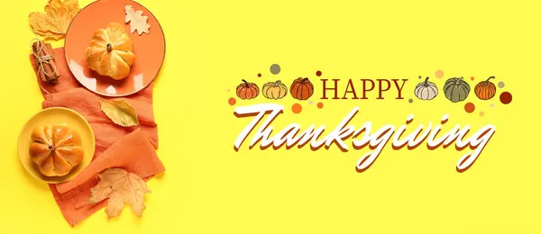 Greeting Banner Thanksgiving Day Tasty Pumpkin Shaped Buns — Stock Photo, Image