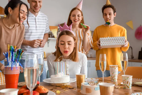 Young Woman Making Wish Birthday Party Her Friends — Stock Photo, Image